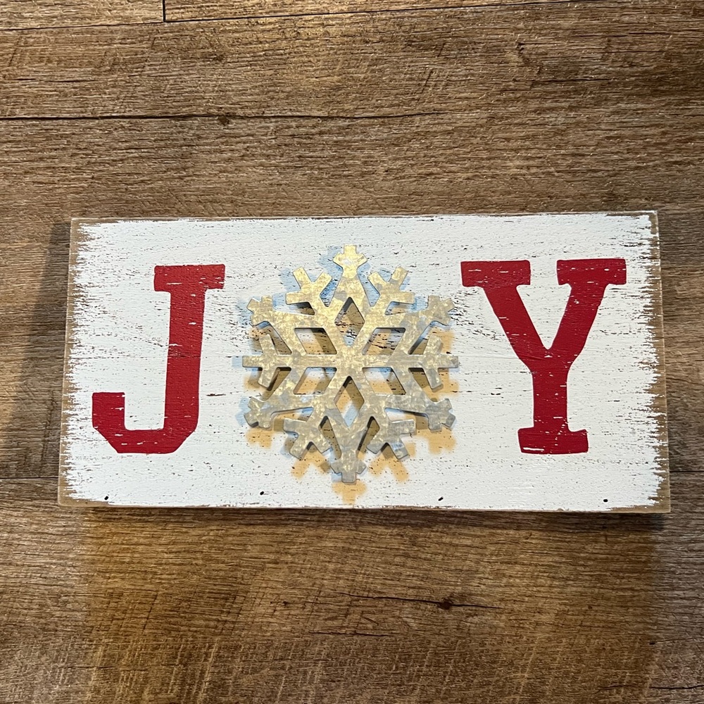 Wooden “Joy” stand-alone sign with metal snowflake